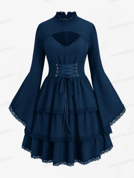 dark blue goth dress Black navy blue pentagram satanic gothic wedding dress bell sleeves to the ground halloween custom made long train