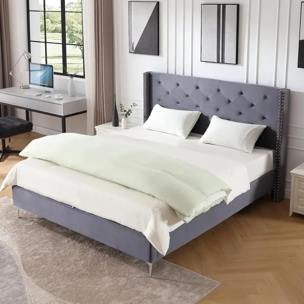 

Upholstered California King Bed Frame with Tufted Headboard Wingback Grey Velvet Platform Bed Frame