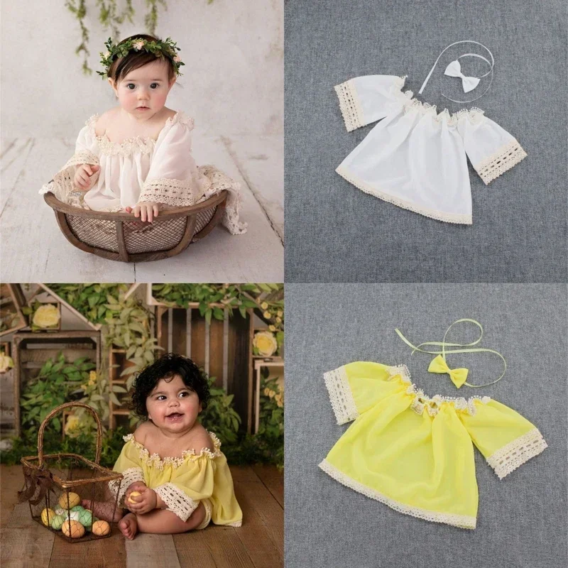 Newborn Girls Bowknot Headwear Lace Clothes Set Dress Skirt Jumpsuit for Newborn Baby Toddler Kids Girl Photography Props