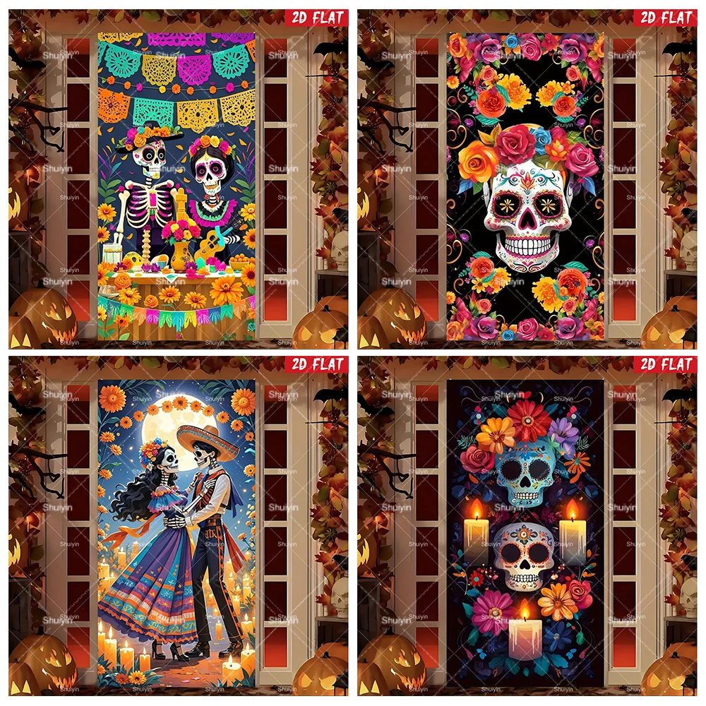 

Day of the Dead Door Banner Día de Muertos Backdrop Sugar Dancing Skull Rose Altar Mexican Fiesta Party Decor Photo Booth Props