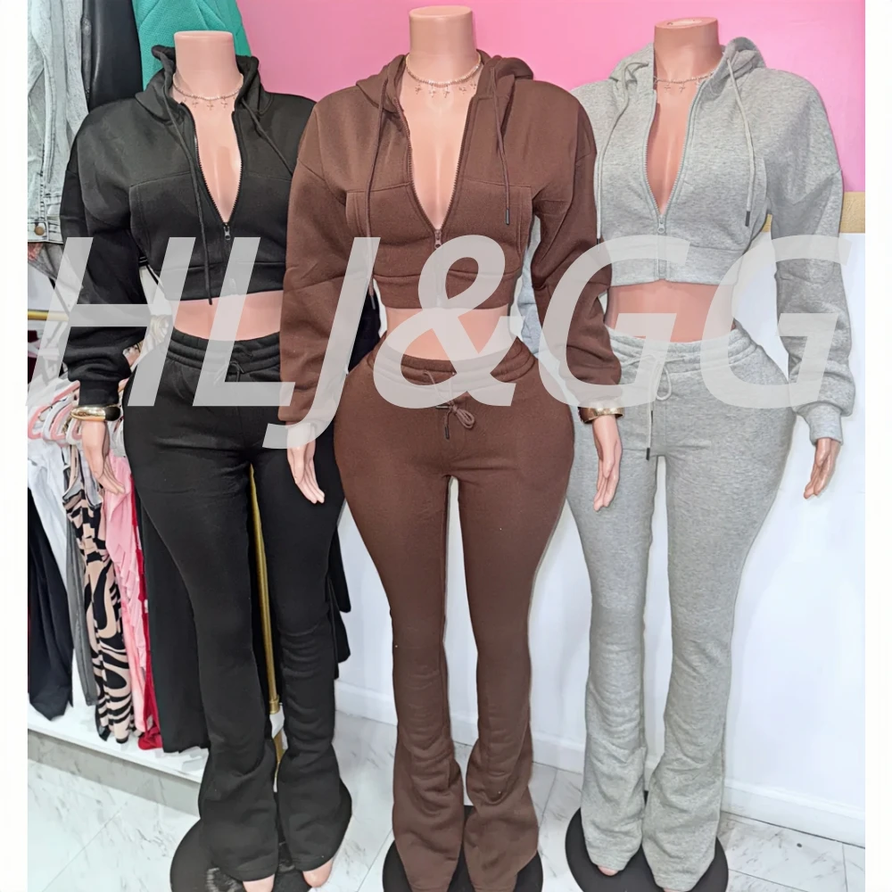 

HLJ&GG Autumn Winter Hooded Thick Skinny Pants Two Piece Sets Women Zip Long Sleeve Crop Top And Pants Outfits Casual Tracksuits
