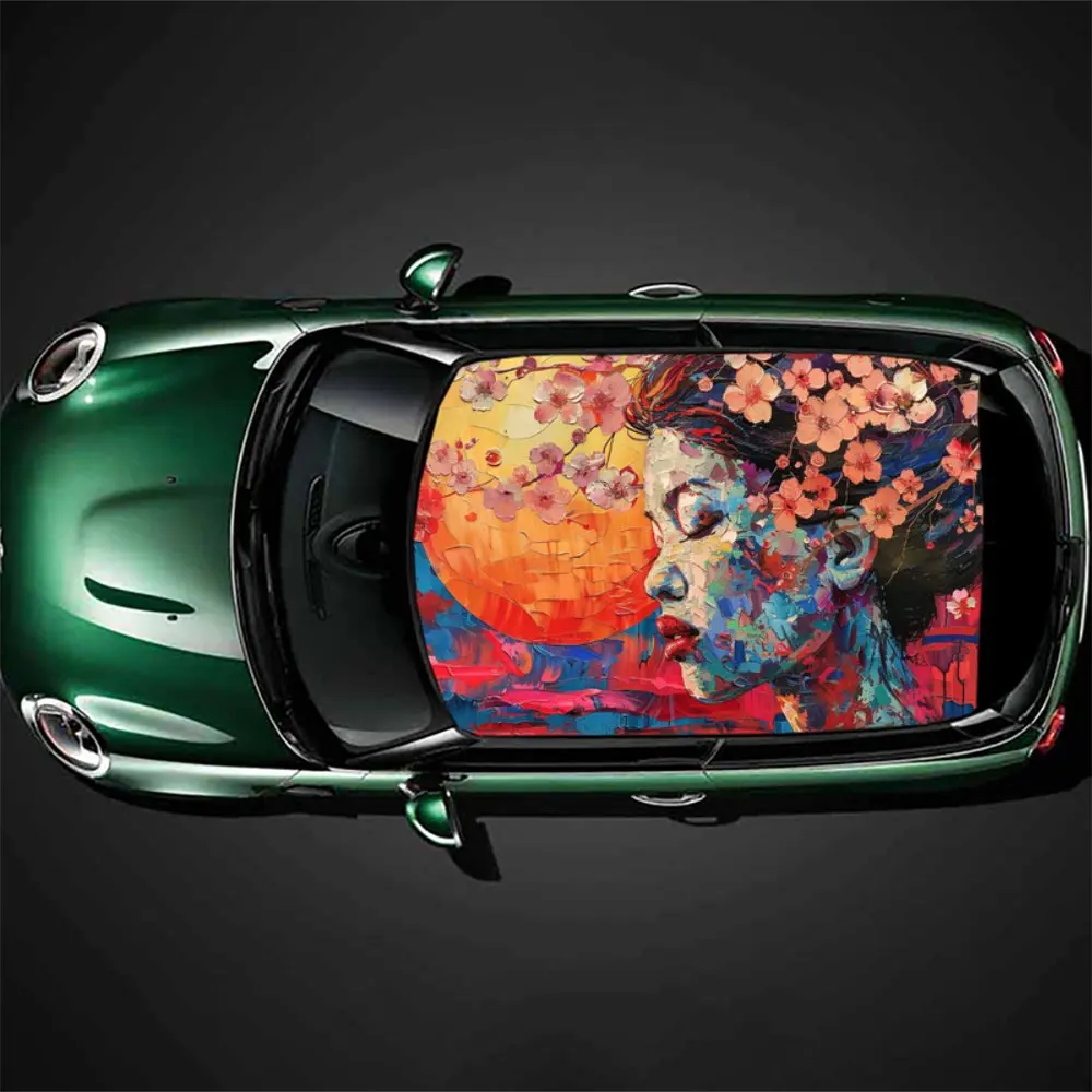 

Geisha Plum Blossom Moon Print Car Roof Sticker Wrap Racing SUV Auto Accessories Packaging PVC Car Hood Graphic Decal Decoration