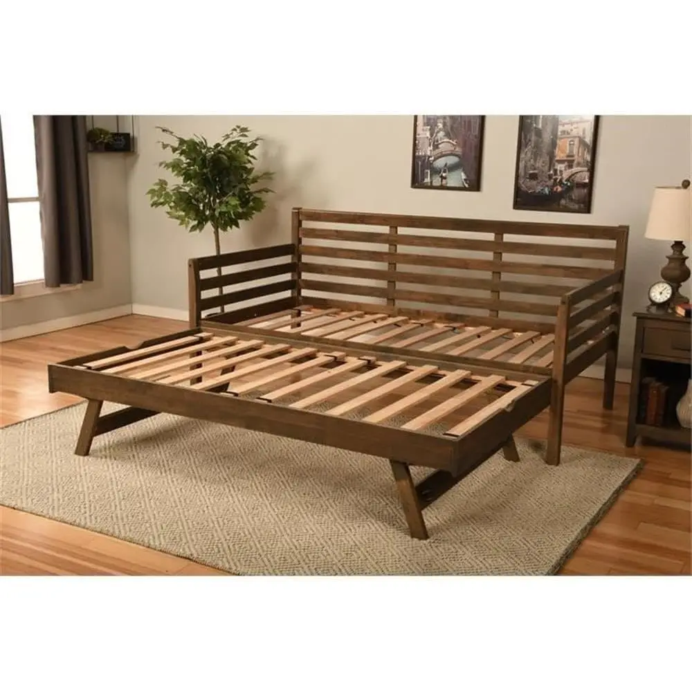 Twin to King Daybed with Up Trundle in Rustic Walnut Wood, No Box Spring, Easy Assembly, Supports Up to 500 lbs