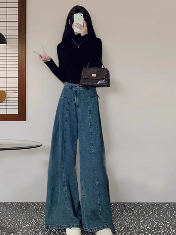 

Loose Wide Leg Denim Jeans High Waist Flared Pants Lazy Style Hong Kong Vintage A-Line Trousers for Women Spring Autumn