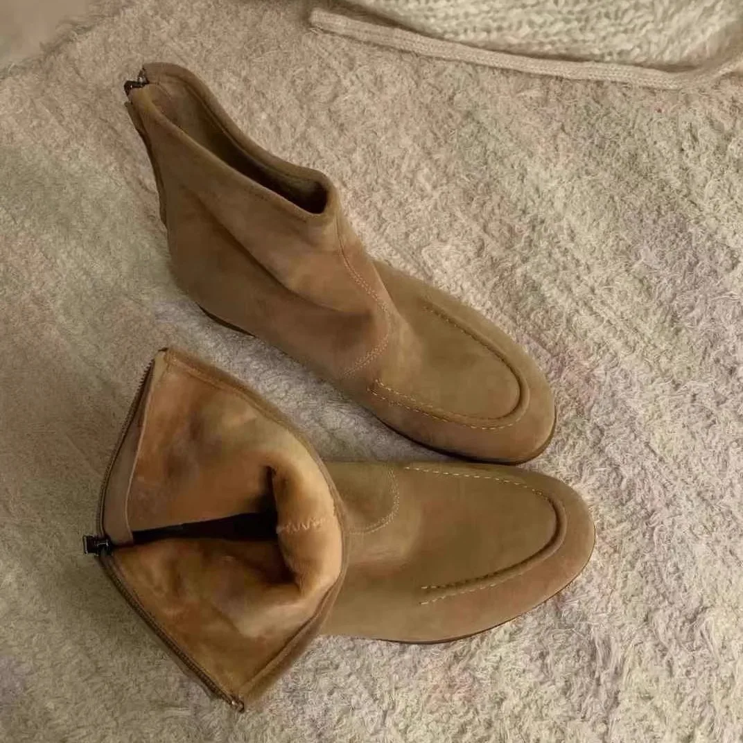 

Women's Khaki Suede Ankle Boots Round Toe Side Zipper Soft Comfortable Footwear with Sleek Design for Casual Daily Autumn Winter