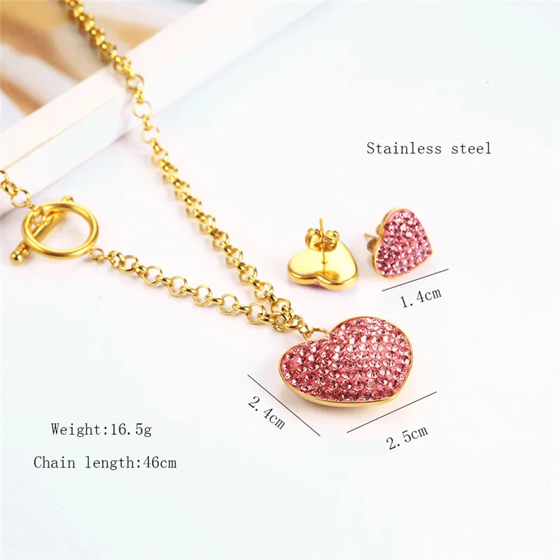 Cubic Zirconia Heart Necklace Set Stainless Steel Jewelry Heart LOVE Earrings For Women Fashion Jewellery Accessories image 5