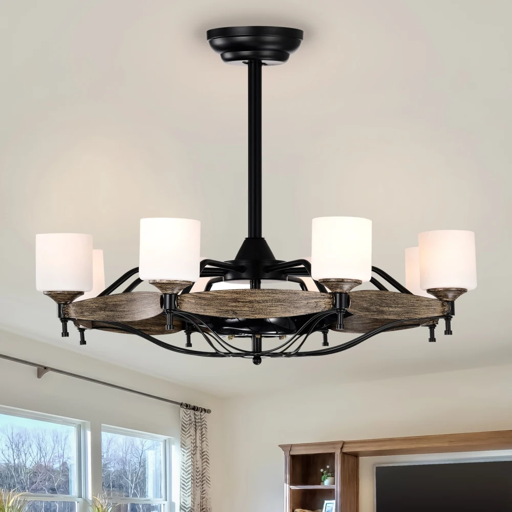 Dia 33 Inch Chandelier Ceiling Fan for Bedroom Dining Room Living Room Kitchen Farmhouse Entry,Matte Black+  Wood Grain