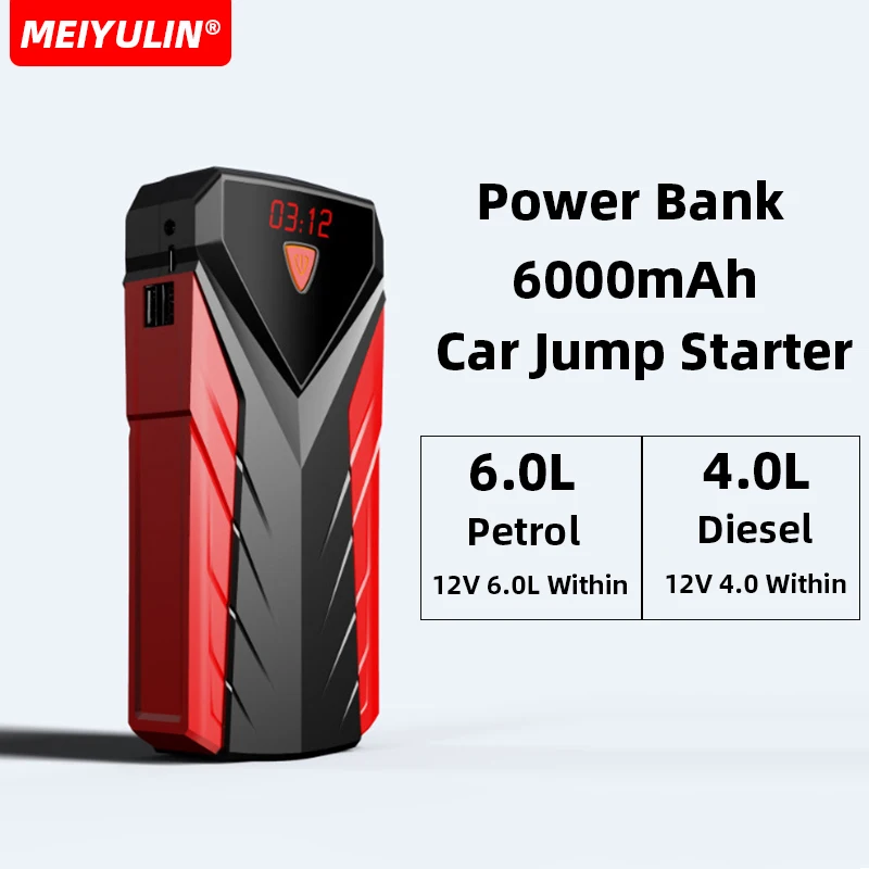 6000mAh Power Bank Station 12V Car Jump Starter Portable USB C Fast Charger Auto Starting Device Emergency Car Battery Booster