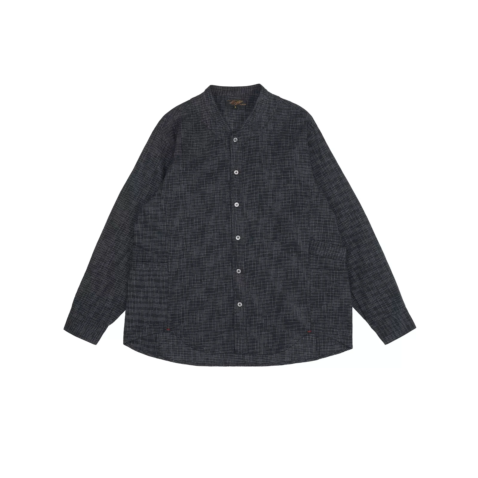 Second Order Stand Collar Irregular Check Linen Shirt with Pockets Dark Gray