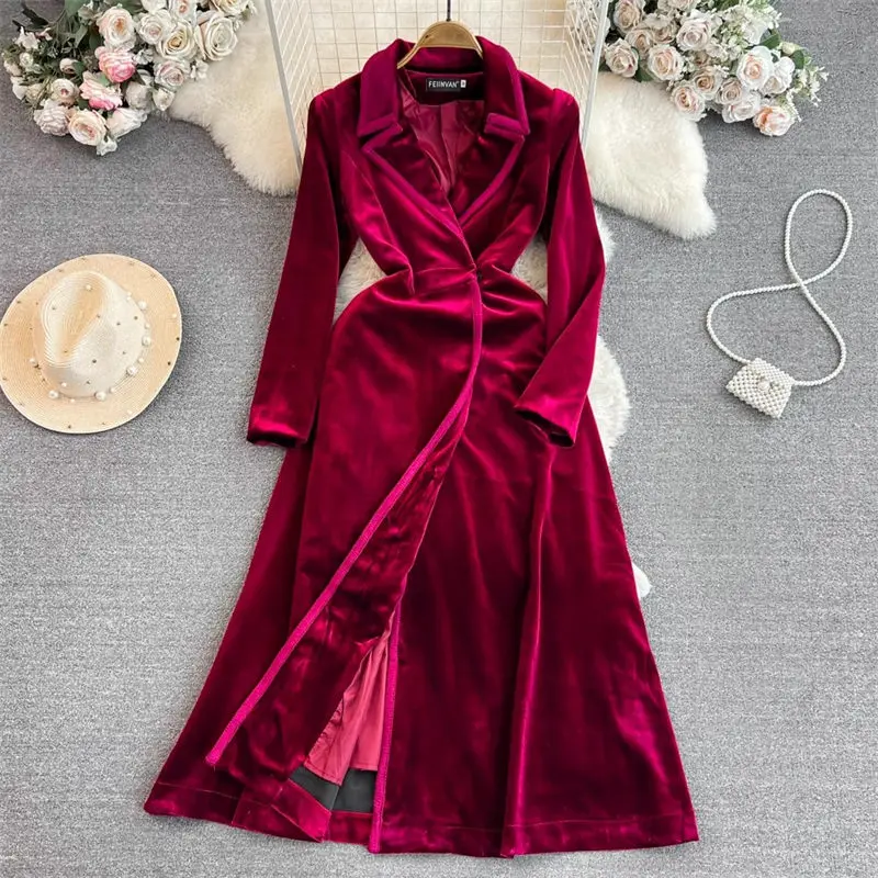 Luxury Style Velvet Jacket Windbreaker Long Sleeve Suit Collar Slim X-Long Coat Autumn Winter Fashion Elegant Blazer Dress Z2776