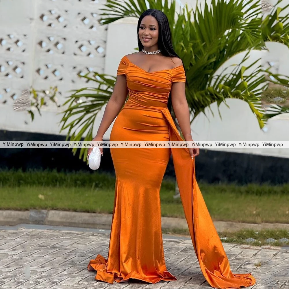 Orange Mermaid Bridesmaid Dresses 2026 Off Shoulder Sweep Train Pleats Wedding Guest Party Maid of Honor Gowns Customized image 2