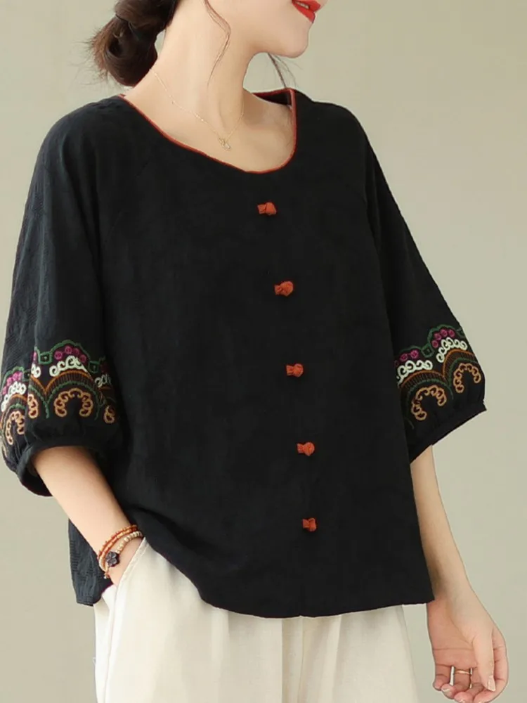 Oversized Summer Pullover T-Shirt Tops Women Embroidery Modis Chinese Style Ladies Blouses Lantern Short Sleeve Loose Woman Tops