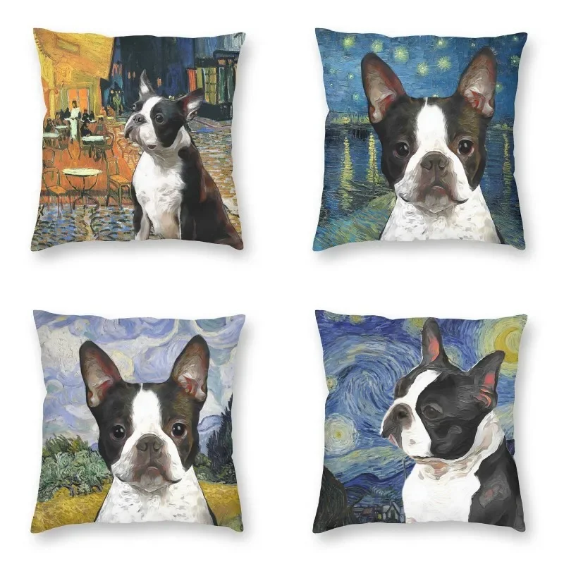 

Boston Terrier Dog Sofa Cushion Covers Van Gogh Art Cafe Terrace At Starry Night Pillow Case Square Pillowcase Home Decoration