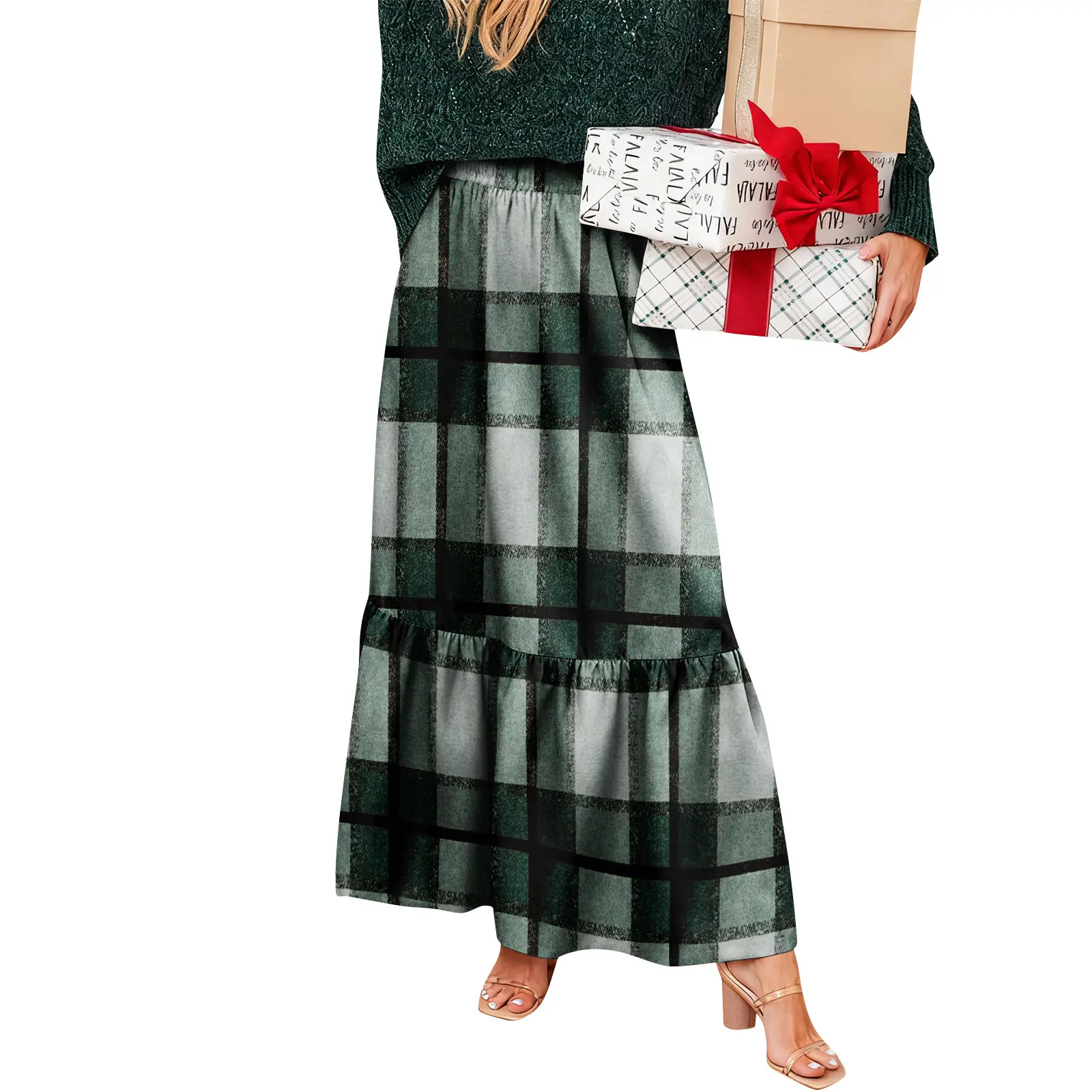 Winter Plaid Woolen Skirt Women's Mid-length A-line Ruffled Skirt Ladies High Waist Cotton Blend Pleated Long Skirt