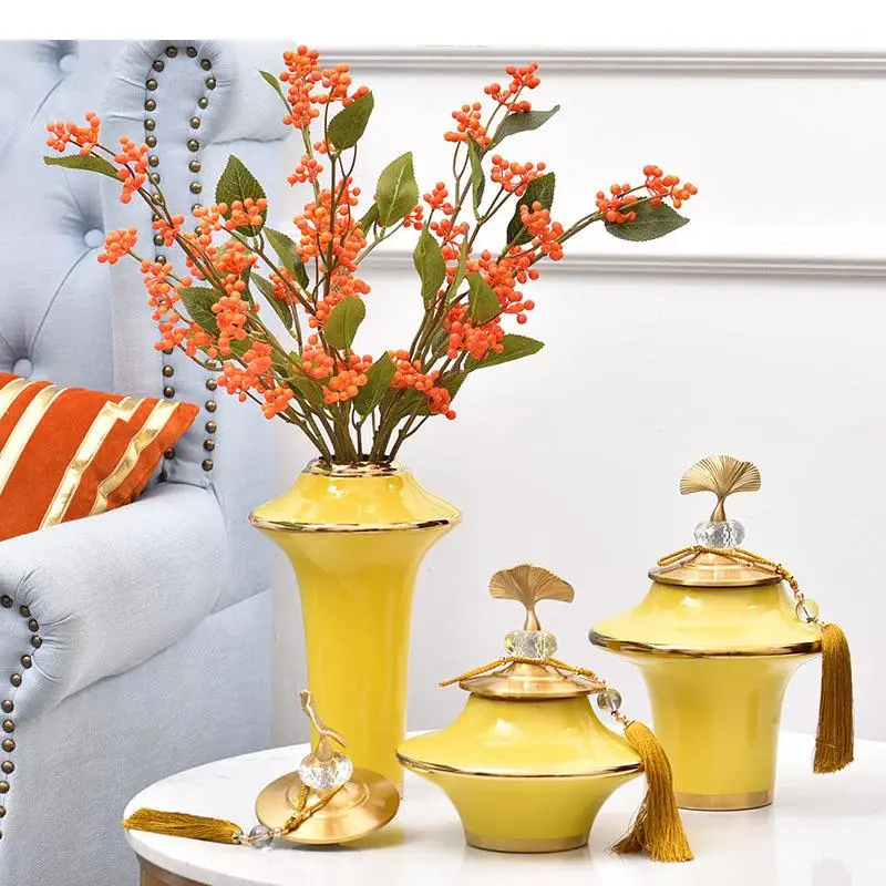 Yellow Gold-plated Ceramic Vase Ginkgo Biloba Copper Cover Flower Arrangement Desktop Decoration Vases Modern Floral Home Decor