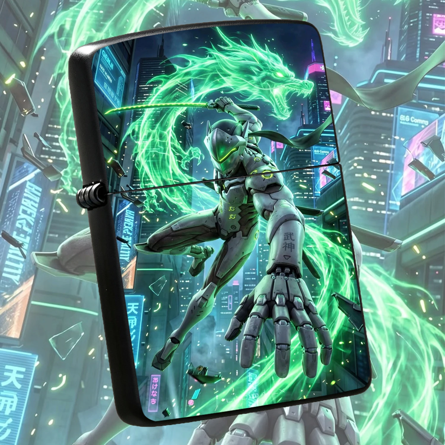 Cyber Genji-themed Windproof Lighter Mecha Green Dragon Spirit Design Durable Sturdy Body Exquisite Peripheral Collectible PORTABLE Creative Accessory For Gamers Daily Use Gift For E-sports Fans A Fun and Humorous Lighter