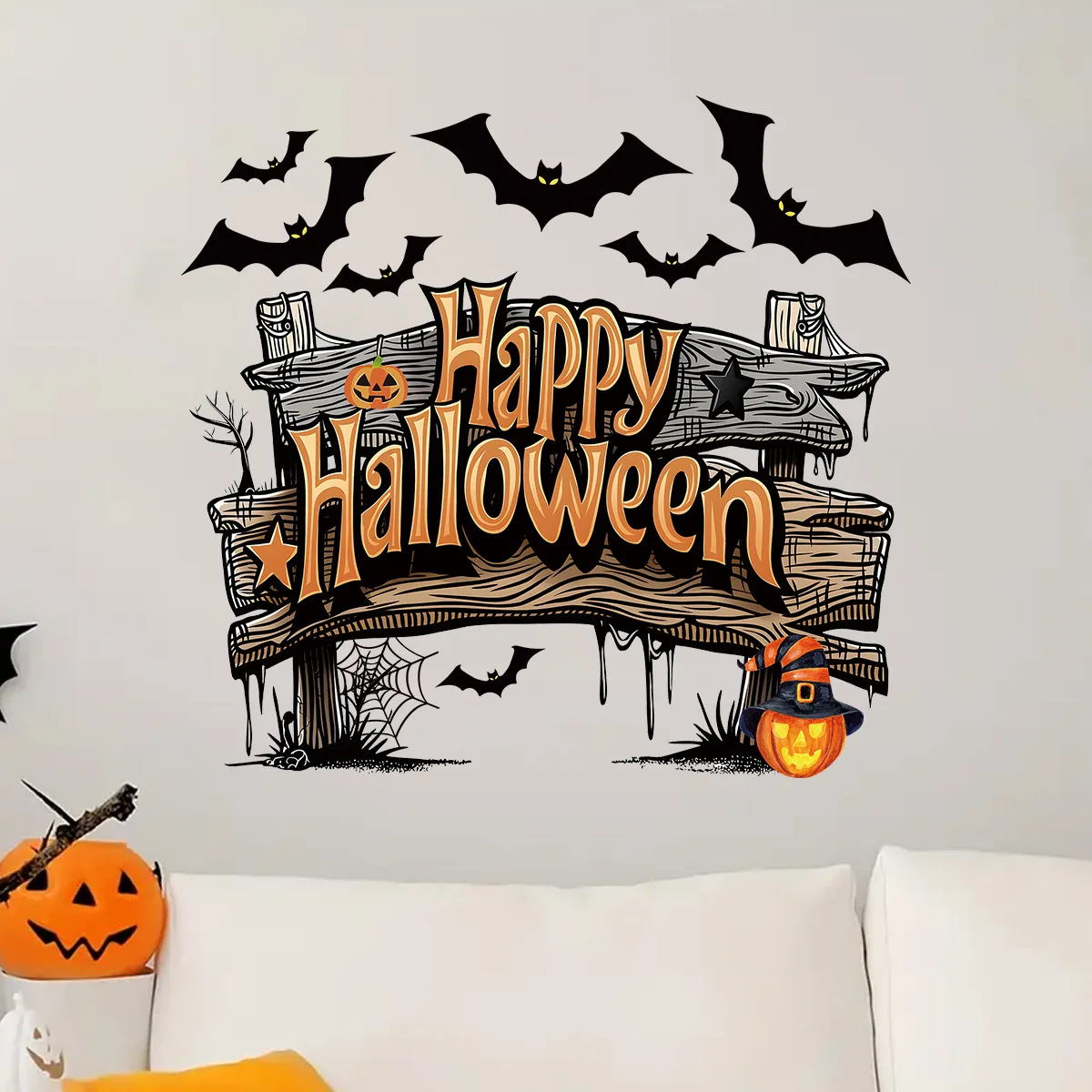 

Happy Halloween Bat Wood Plaque Wall Sticker Removable PVC Wall Decoration For Bedroom Cartoon Party Stickers Decals Home Decor