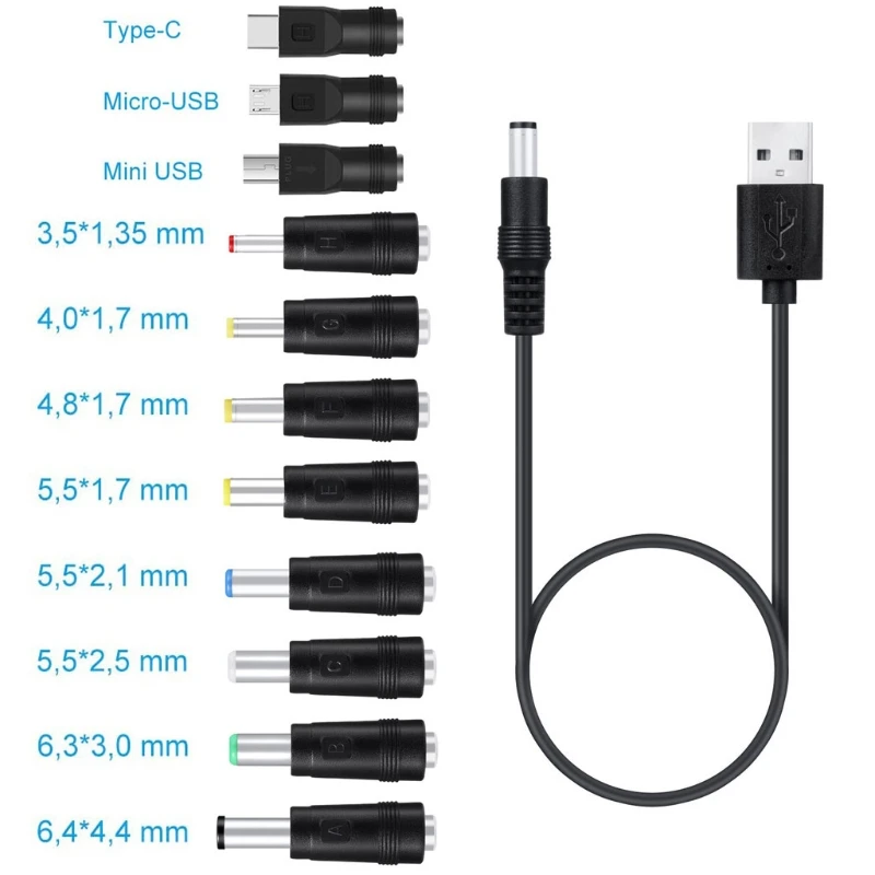 11 in1 5V USB to 5.5x2.1mm 3.5mm 4.0mm 4.8mm 6.4mm 5.5x2.5mm Type C Micro USB Mini USB Plug Cord for Cellphone