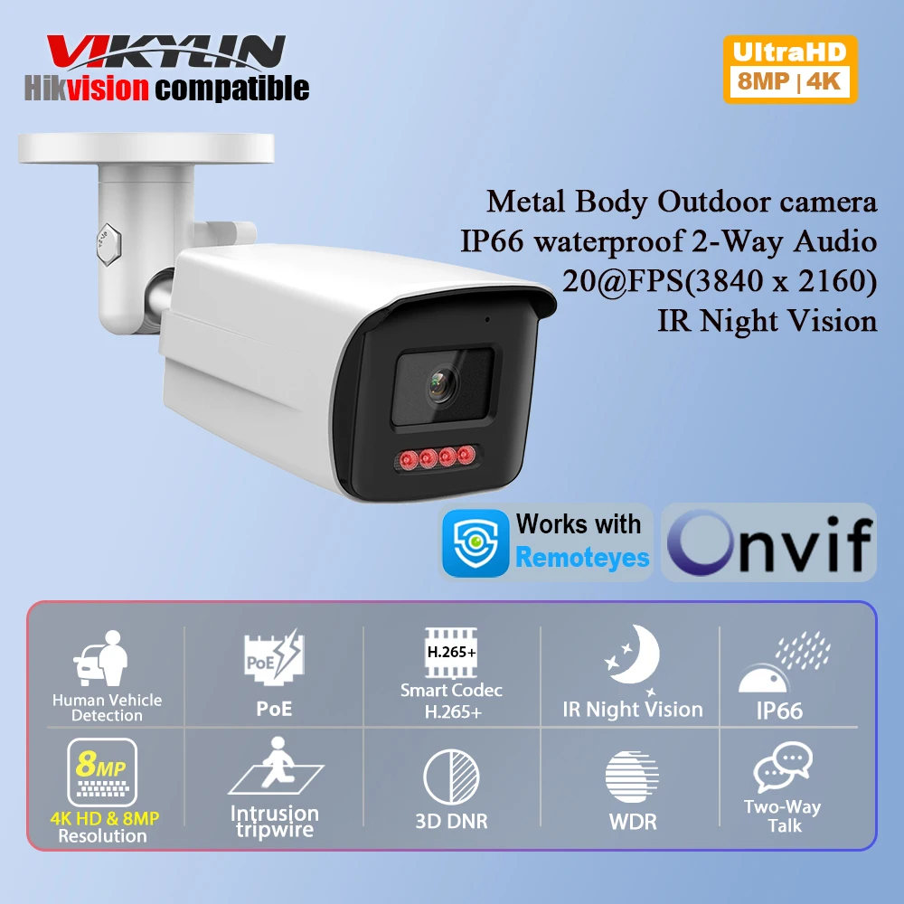 Vikylin 8MP IR Night Vision IP Camera For Hikvision Compatible 2-Way Audio MD2.0 Outdoor Video Surveillance CCTV Security Camera