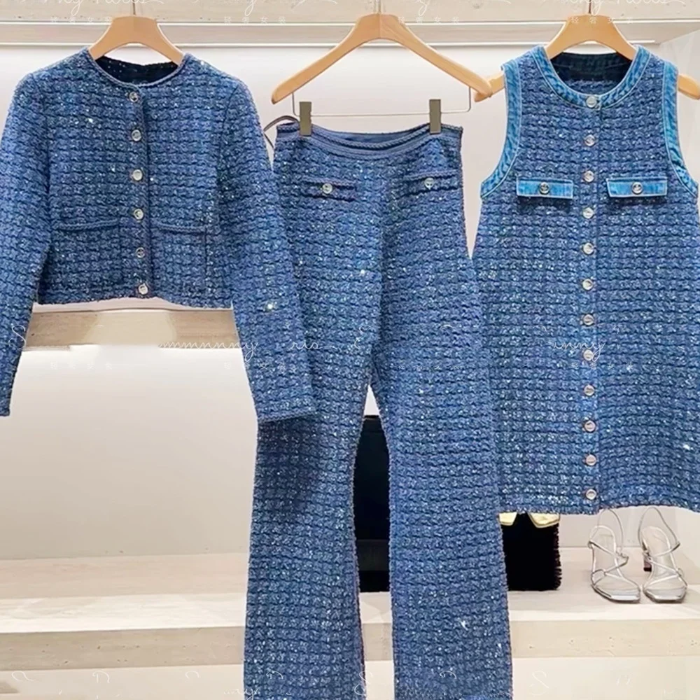 High-End European Style Spring Summer Short Denim Blue Dress Jacket Long Pants Set Sparkling Thick Tweed Fashion Ensemble