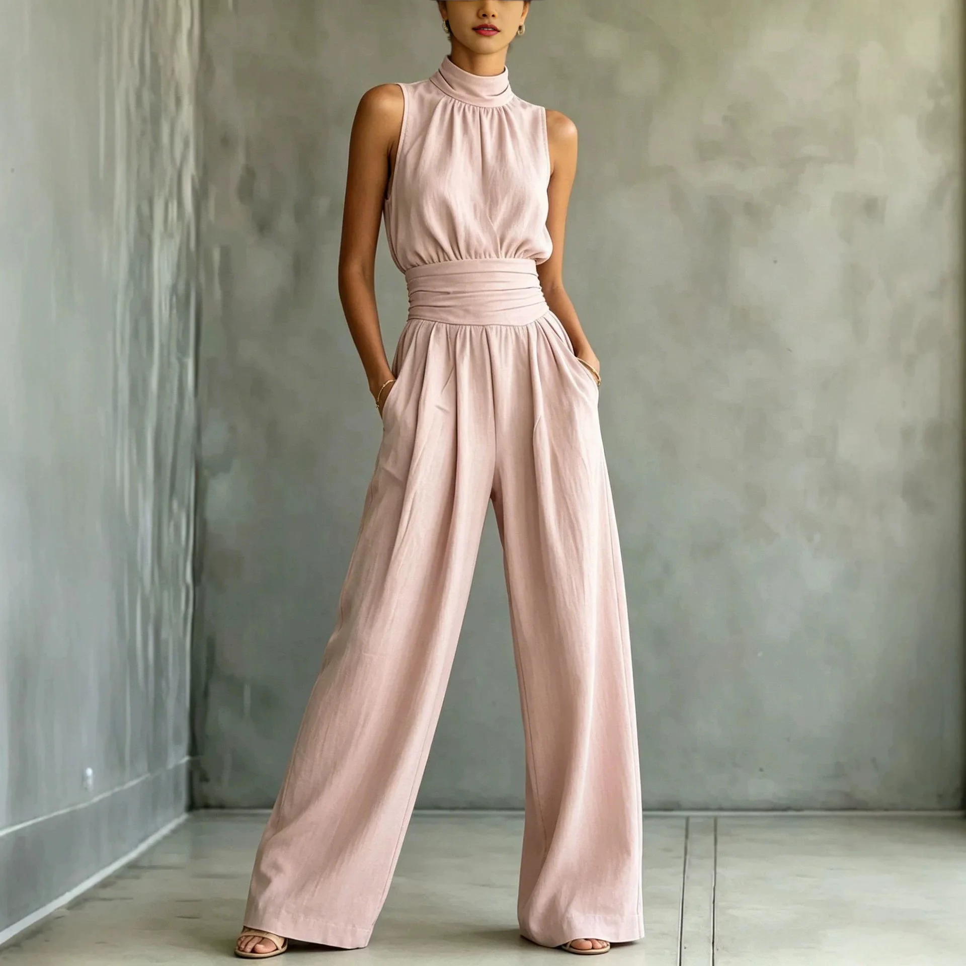 Women Solid Textured Fabric Jumpsuit Halter Sleeveless Open Shoulder Elastic Smocked Cinched Waist Pockets Wide Leg Romper