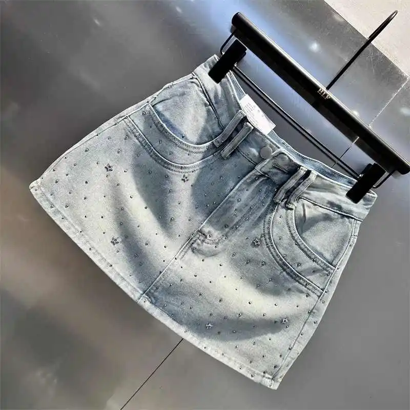 Été strass a-ligne jupe en jean pour les femmes motif étoile fermeture éclair poche jupes courtes mode haute qualité Slim Fit jean jupe