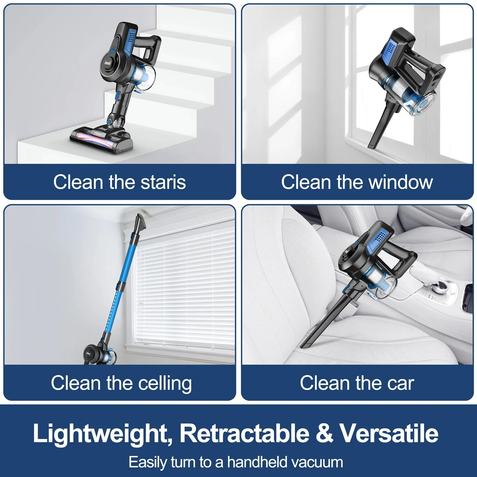 INSE N660/N650 مكانس كهربائية لاسلكية 6 في 1 مكنسة كهربائية قوية مع محرك 165 وات مكنسة محمولة خفيفة الوزن للسجاد المنزلي