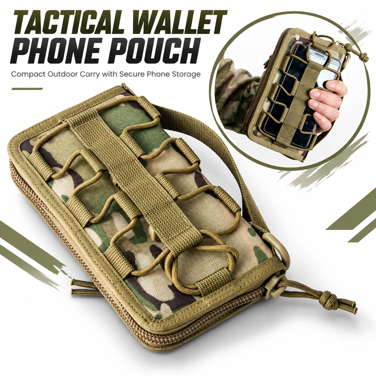 Tactical Phone Wallet Pouch MOLLE Organizer Bag Zipper Card Holder for Training Hiking Camping Travel Utility Gear Accessories