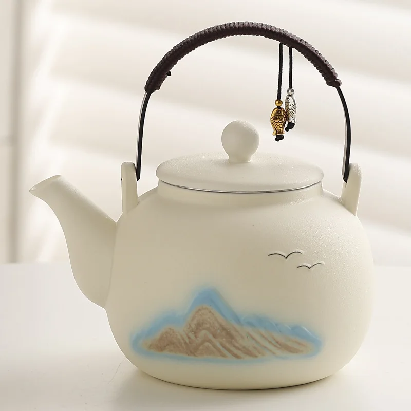 Matte Glaze Ceramic Teapot with 3D Mountain Relief and Handle for Tea and Decor