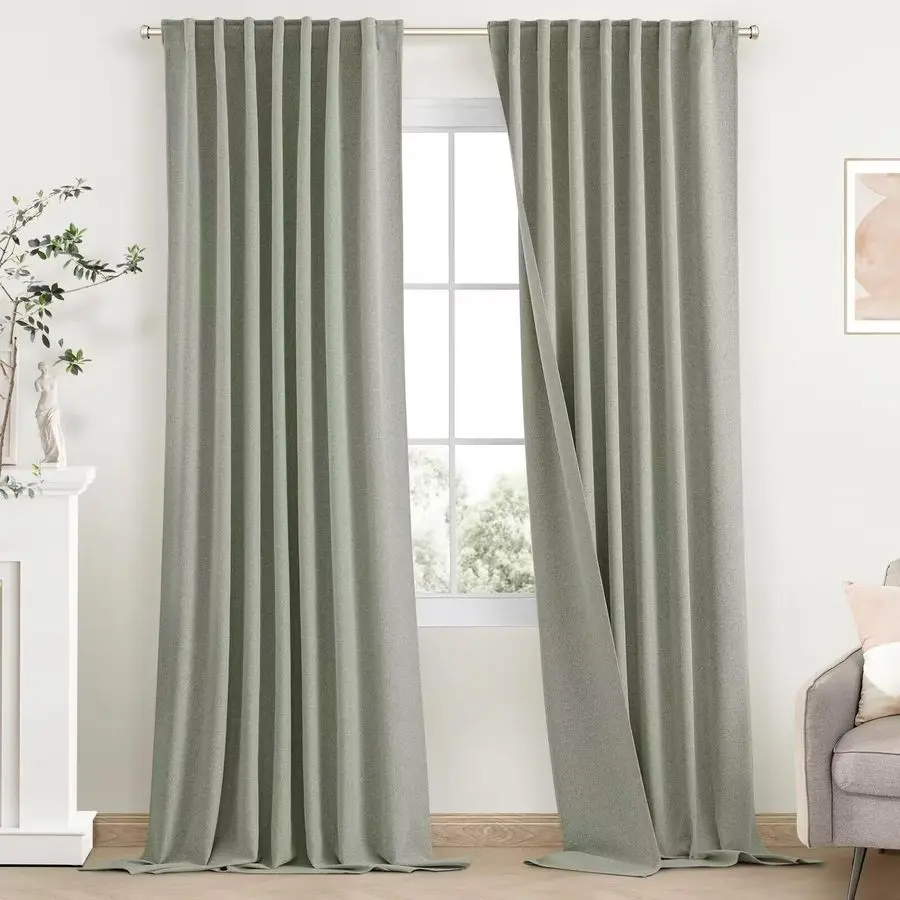 

Sage Green Linen 100 плотные шторы для гостиной, длина 84 дюйма, текстурированные шторы для спальни в деревенском доме, 2 панели,