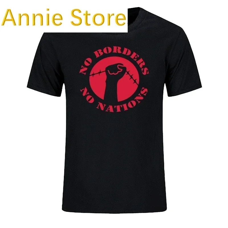 No Borders No Nations ANTIFA Antifascist Anarchy Anarchist T Shirt Loose Short sleeves T-Shirts For Men Cool T Shirts