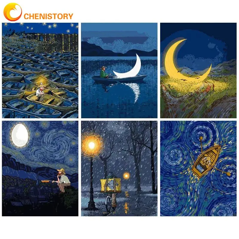 

CHENISTORY Oil Painting By Numbers Hand Painting Drawing By Numbers Boatman Number Painting Moon Night Home Decor For Adults