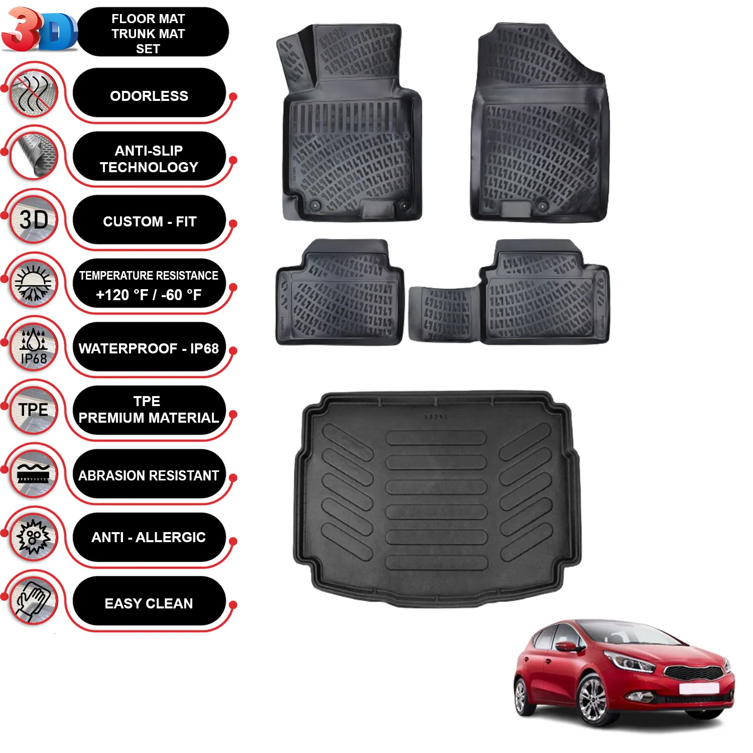 

Kia Ceed HB - (2012-2017) - Floor Mats + Cargo Trunk Liner - SET - (Black)