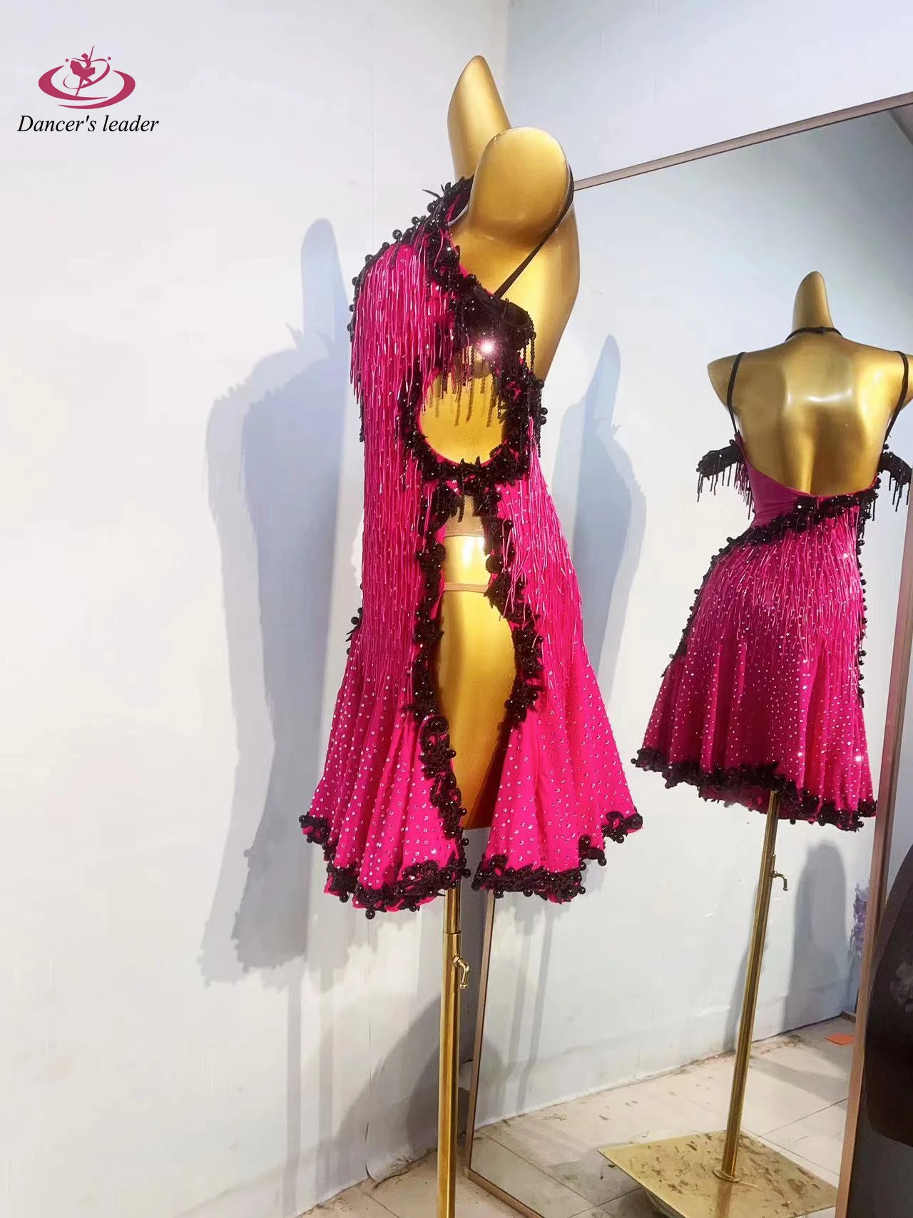 ラテンダンスインターナショナルステージ女性のハイエンドカスタムブラックレースサンバラインストーンパフォーマンスコスチュームドレス