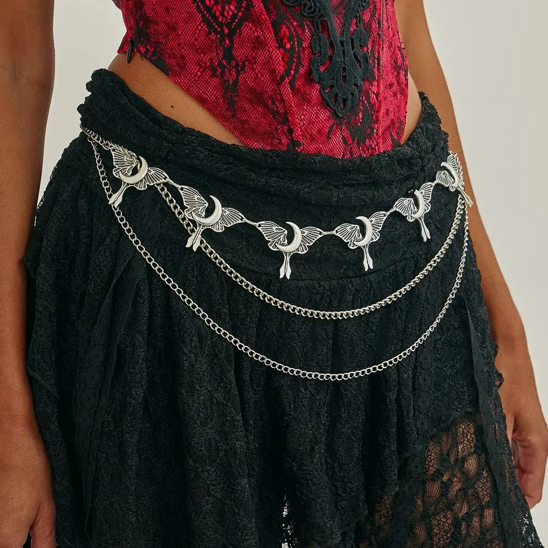 PuRui الموضة الإبداعية فضي اللون فراشة القمر أحزمة وسط معدنية سلسلة المرأة القوطية قابل للتعديل الجسم سلسلة مجوهرات الهالوين