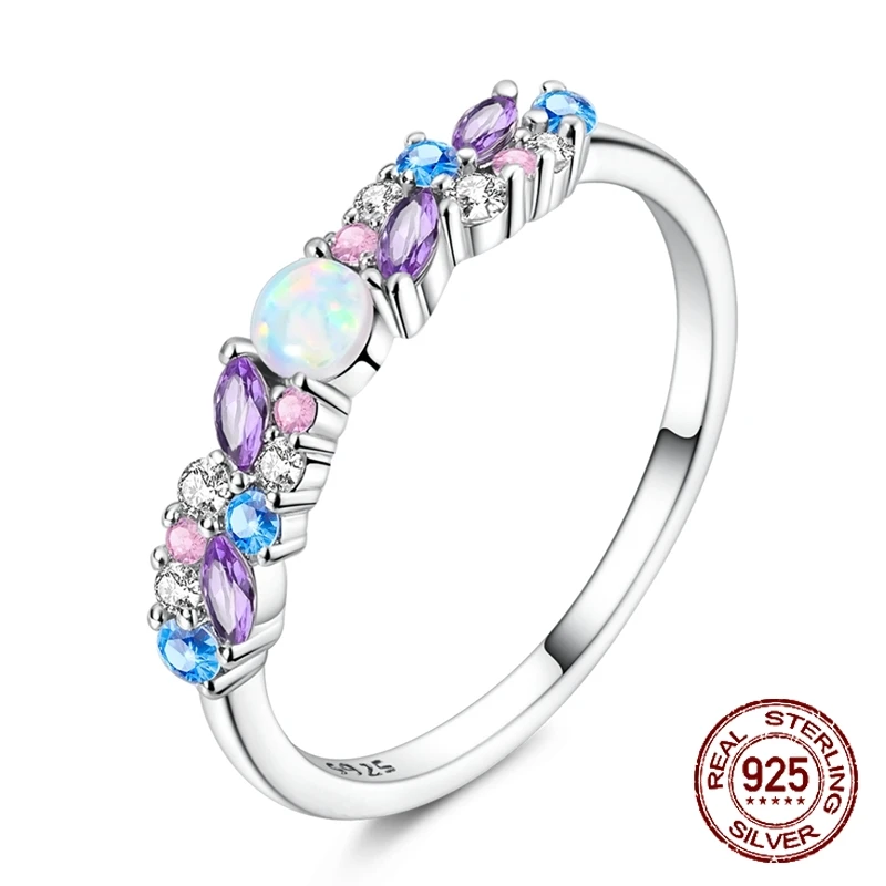 925 Sterling Silver Multicolor CZ Stackable Ring for Women Dainty Rainbow Crown Band Elegant Boho Jewelry Perfect Birthday Gift