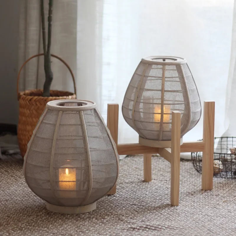 Modern Japanese Bamboo Woven Floor Lamp Tall Candlestick Light for Living Room Balcony Hotel Decor Simple Zen Style Standing