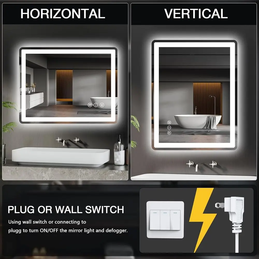 Miroir de salle de bain éclairé par LED 24x32 avec antibuée, lumière variable et verre trempé