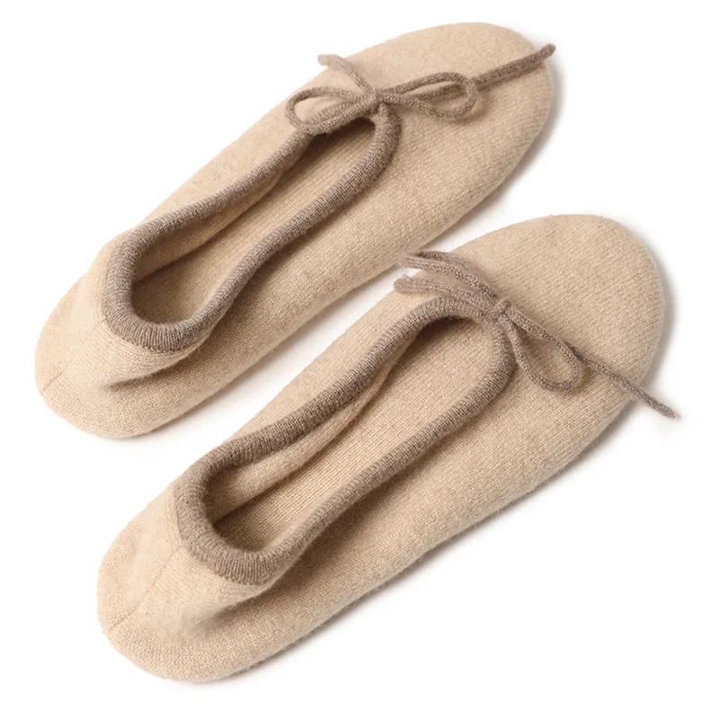 Cashmere knitted home women\'s shoes soft bottom warm keeping comfortable slippers 2023 new lace-up