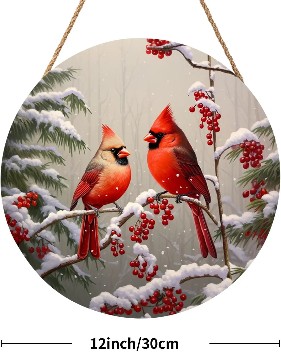 Winter Red Cardinal Bird Door Sign For Front Door Decor,Holly Berry Branches Snow Wooden Sign 12