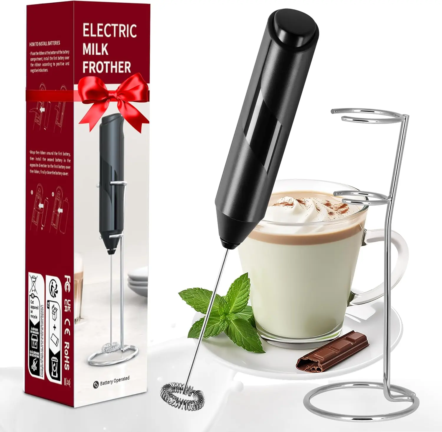 

Battery Operated Milk Frother, Handheld Whisk for Coffee, Lattes, Cappuccino, Matcha, Black
