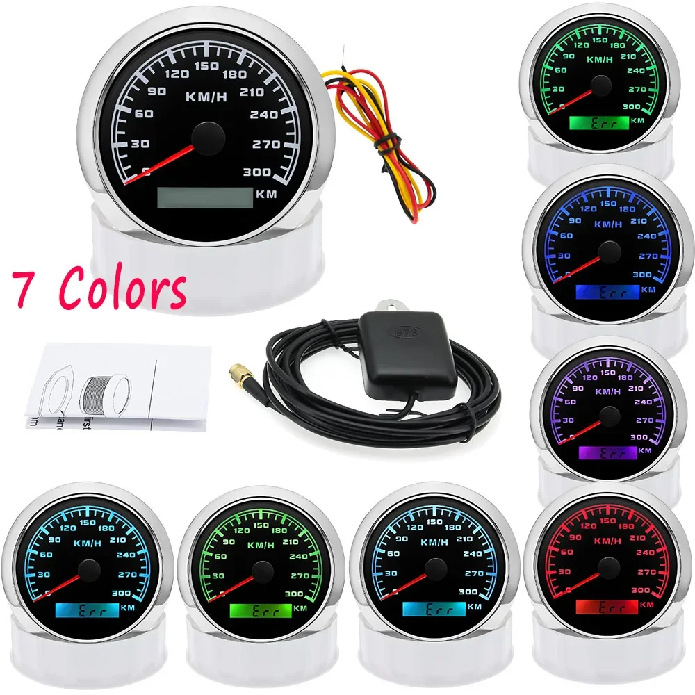 85mm  Boat Car Odometer Speed Gauge 300KM/H WIth GPS Antenna 7 Color Backlight GPS Speedometer For Marine Boat Car ATV