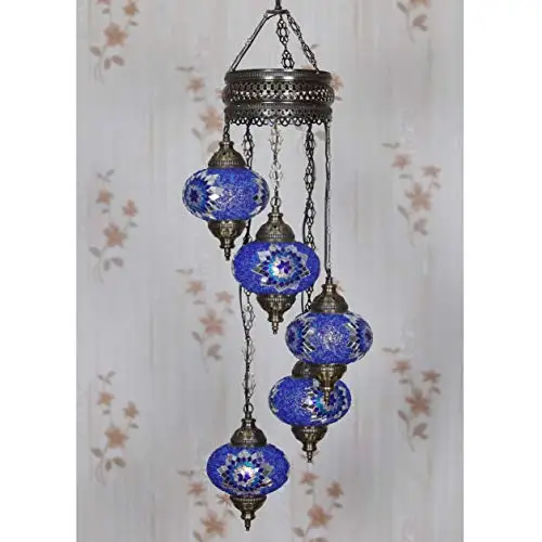 LaModaHome 40 + Unique Colors, 2020 Customizable Chandelier 5 Globes + Free 5 Bulbs, stunning Mosaic Turkish Lamp Moroccan Light