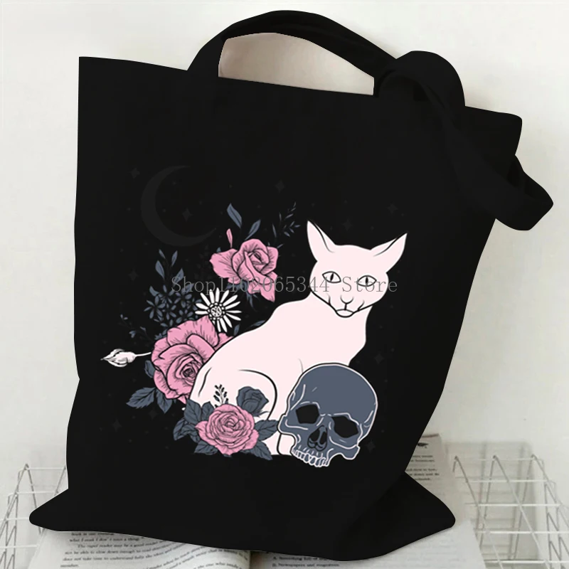 Girls Halloween Demon Black Cat Witch Tote Bags Gothic Rose Animal Kitten Lover Shopping Bag Harajuku Fashion Cat Women Handbags