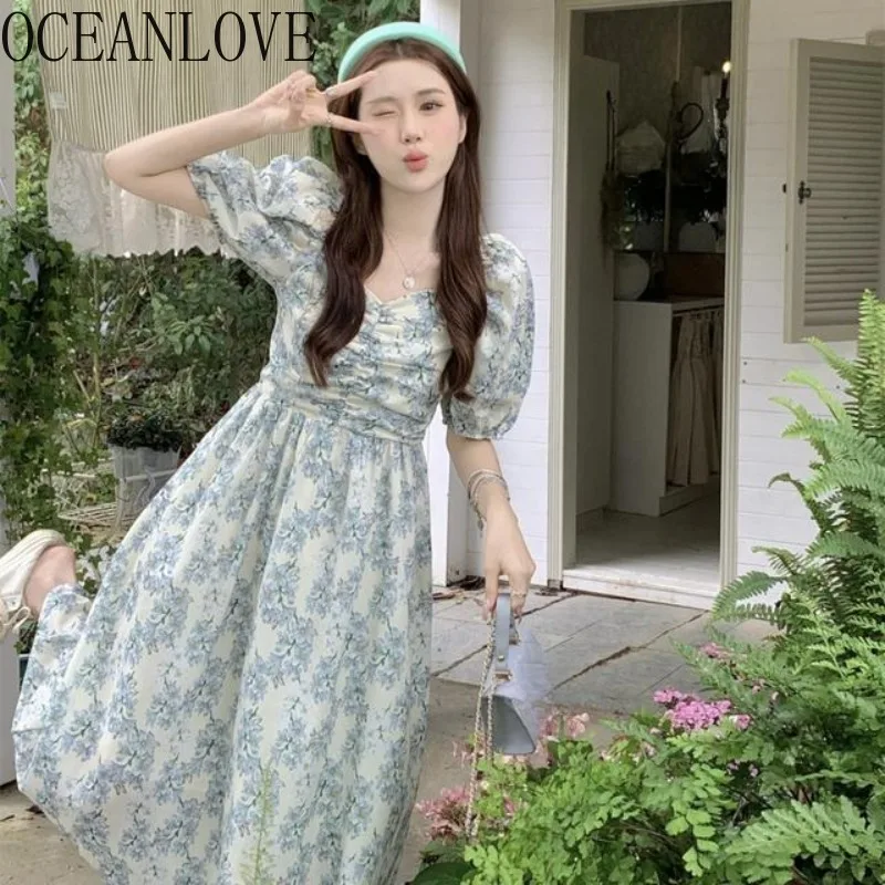 

OCEANLOVE Sweet Floral Women Dresses Puff Sleeve Beach Style Spring Summer Long Dress A-line Korean Fashion Retro Vestidos