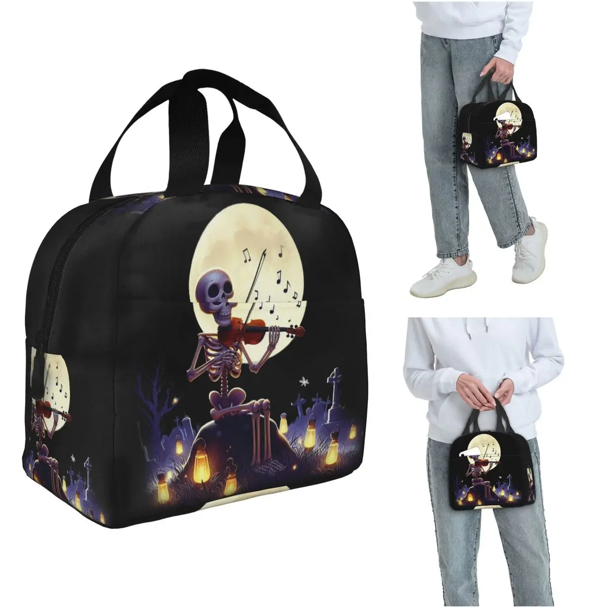 

Термосумка для обедов с изображением скелета, играющего на скрипке, на Хэллоуин, для женщин и детей, портативный контейнер для еды, термосумка-тоут