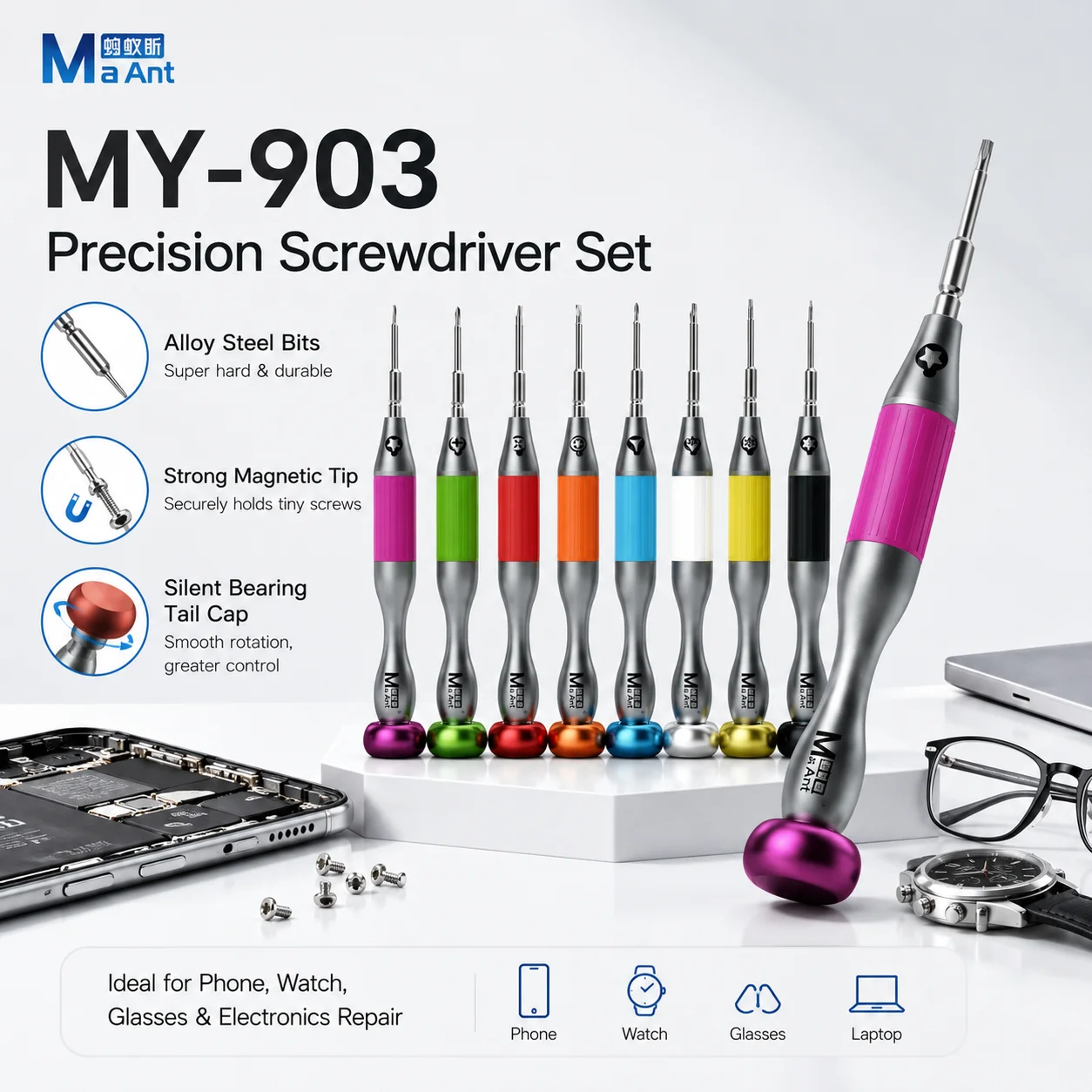 MaAnt MY-903 S2 Alloy Precision Screwdriver Set Colorful Head Ultra Hard Phone Repair Disassembly Opening Tool Kit Hand Tool Pro