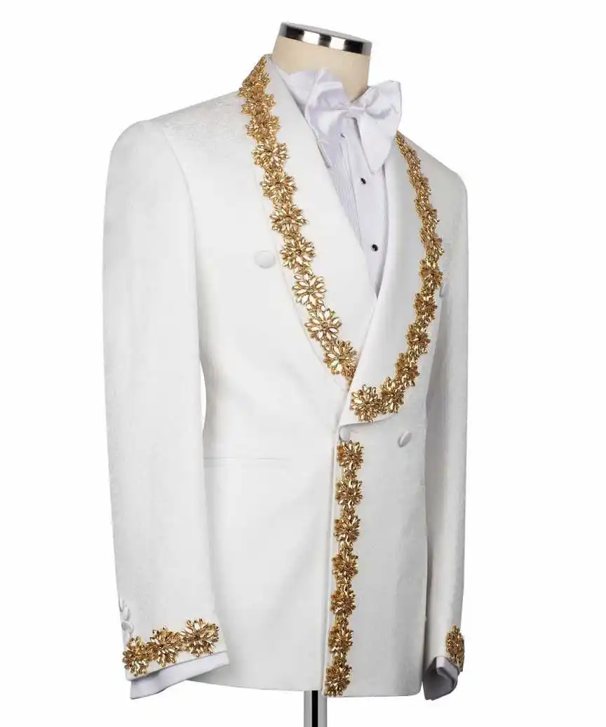 Classic Appliques Wedding Suits For Groom Shawl Lapel Double Breasted Tuxedos 2 Pcs Jacket Pants Business Party Prom Customized