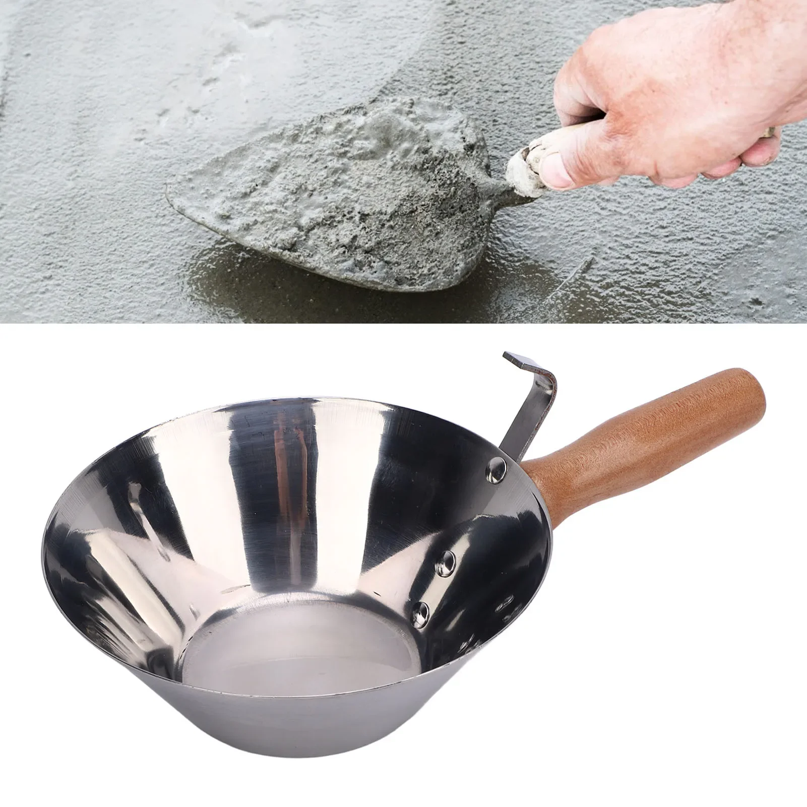 Plastering Bowl Multifunctional Stainless Steel Mud Pan Mixing Tray with Wooden Handle for Mortar Gypsum