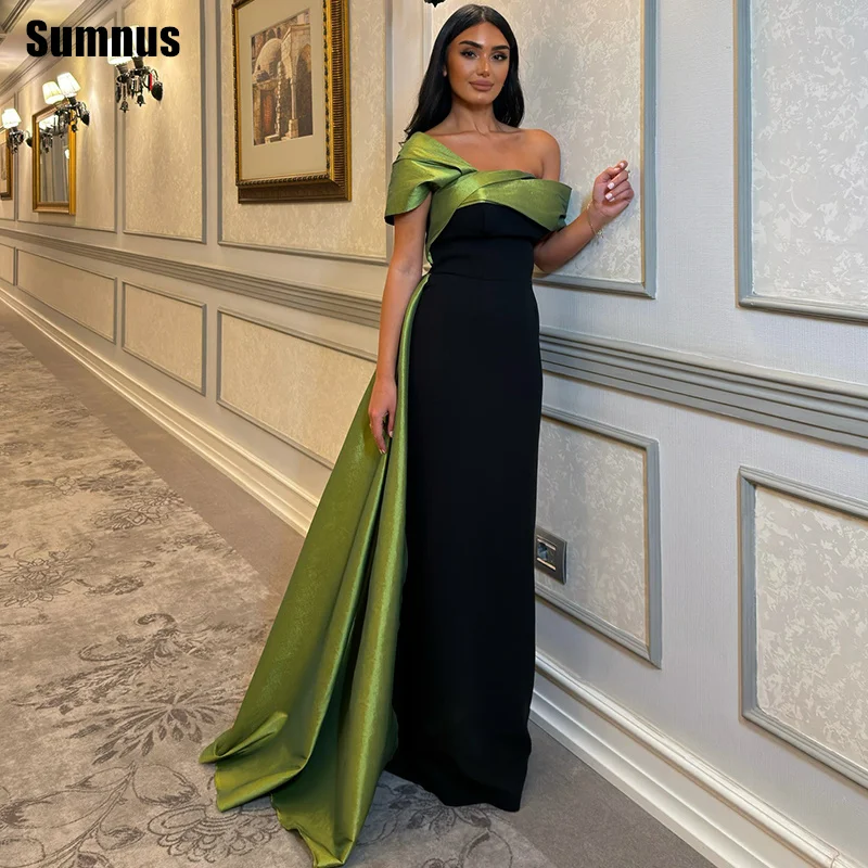

Sumnus Simple Mermaid Prom Dress Contrast Color Off Shoulder Pleats Maxi Formal Evening Dresses With Train Gala Dress Customized